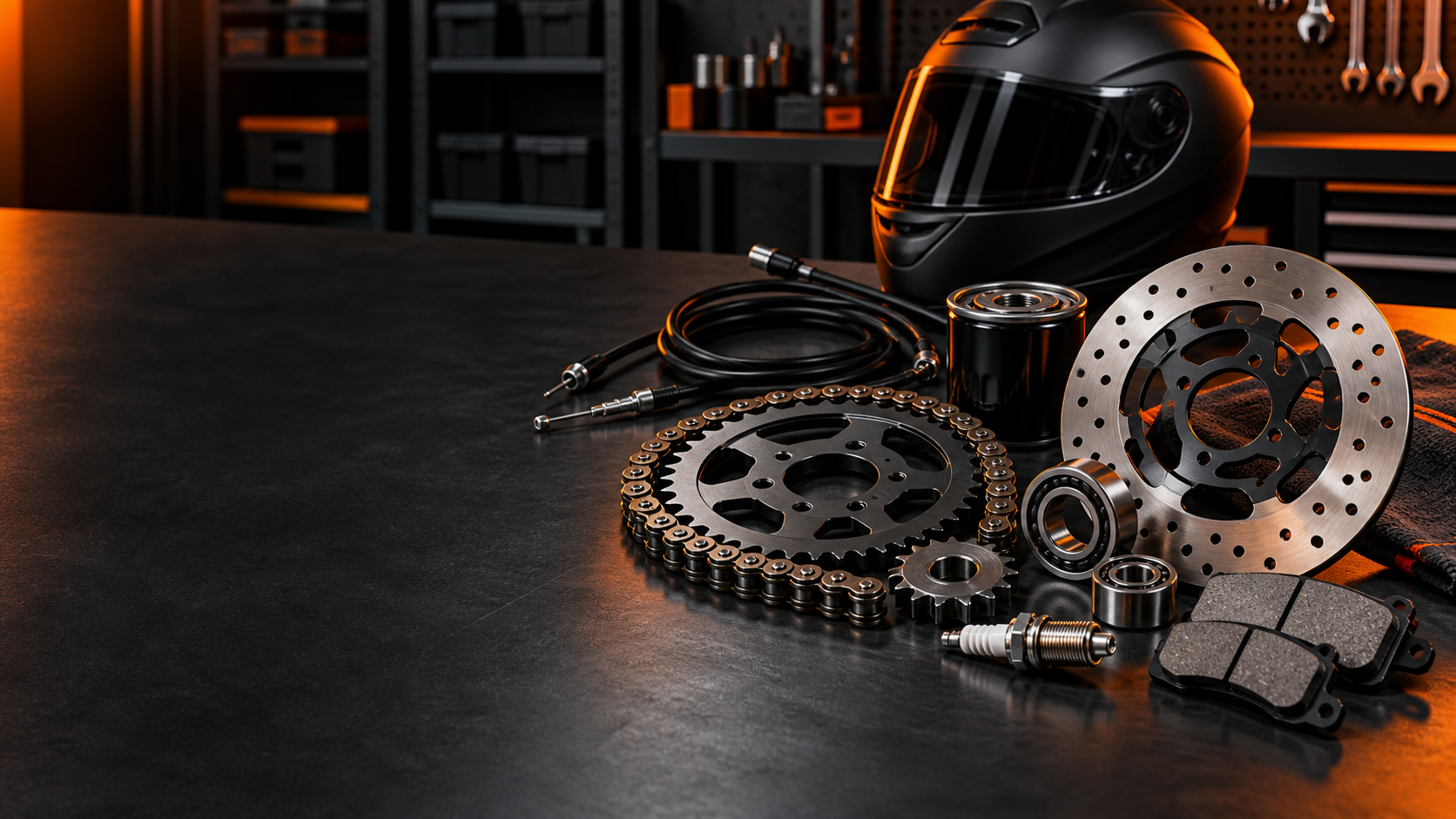 Peças e equipamentos para manutenção de motocicletas em uma oficina
